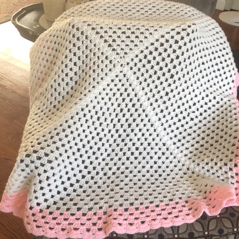 Handmade Ivory and Pink Crochet Baby Blanket